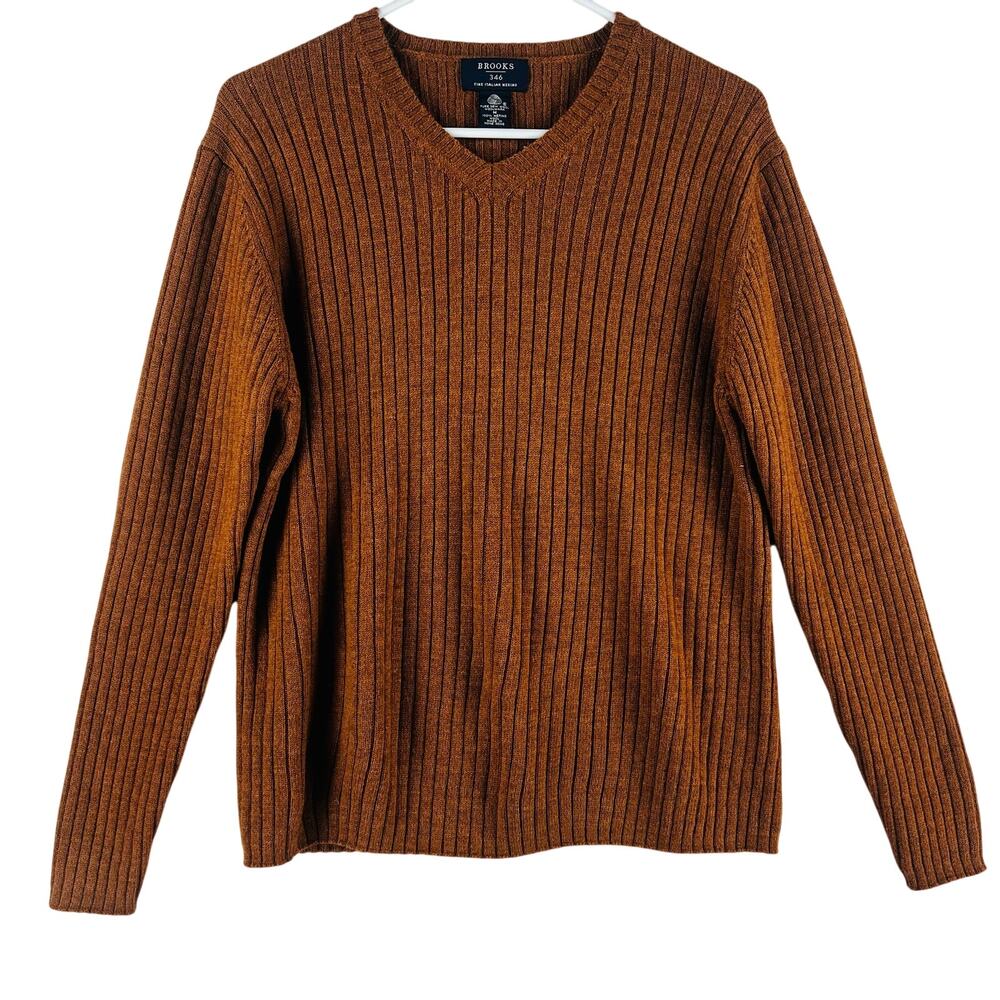 Brooks Brothers 346 Mens Sweater M Rust Orange Ribbed V-Neck Merino Wool Italian